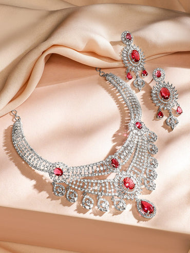 Rubans Rhodium-Plated Ruby Red & White Cubic Zirconia Studded Layered Choker Jewellery Set Jewellery Set