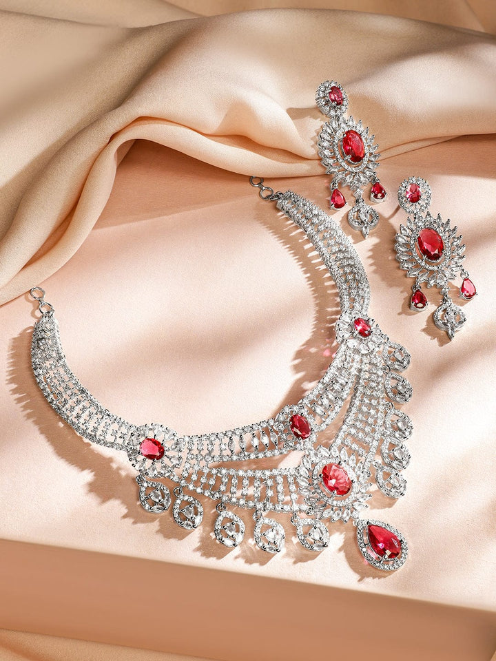Rubans Rhodium-Plated Ruby Red & White Cubic Zirconia Studded Layered Choker Jewellery Set Jewellery Set
