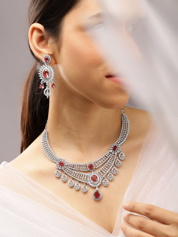 Rubans Rhodium-Plated Ruby Red & White Cubic Zirconia Studded Layered Choker Jewellery Set Necklace Set