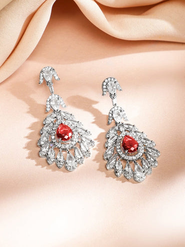 Rubans Rhodium-Plated Ruby Red & White Cubic Zirconia Studded Luxe Drop Necklace Set Jewellery Set