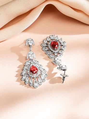 Rubans Rhodium-Plated Ruby Red & White Cubic Zirconia Studded Luxe Drop Necklace Set Jewellery Set