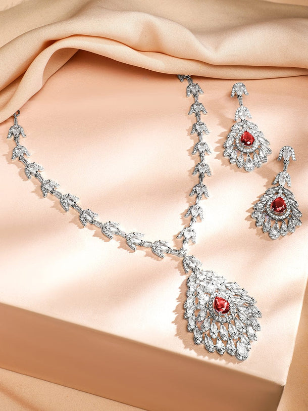 Rubans Rhodium-Plated Ruby Red & White Cubic Zirconia Studded Luxe Drop Necklace Set Jewellery Set