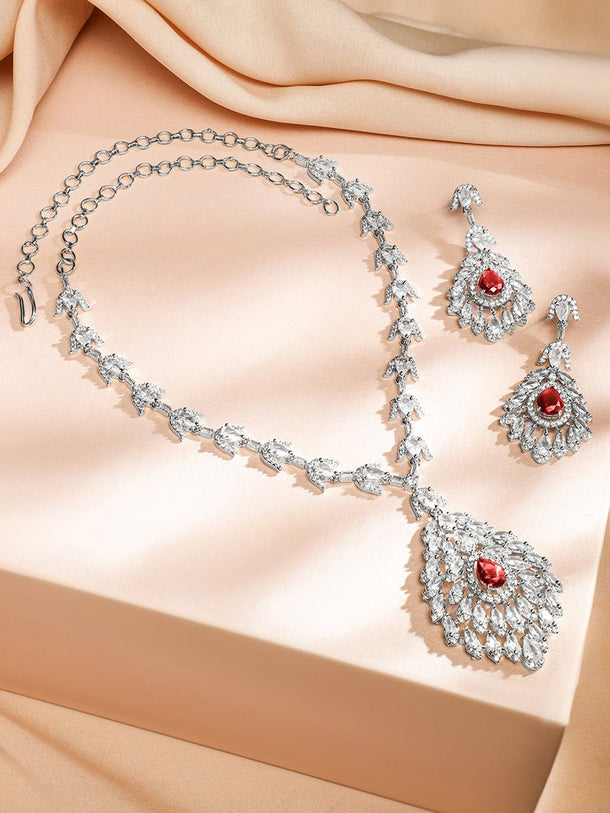 Rubans Rhodium-Plated Ruby Red & White Cubic Zirconia Studded Luxe Drop Necklace Set Jewellery Set