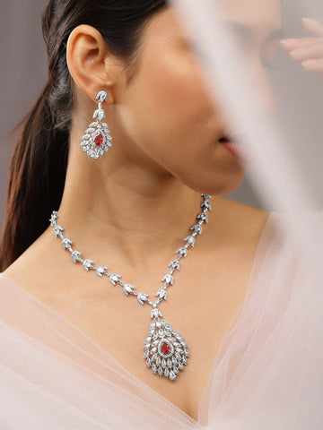 Rubans Rhodium-Plated Ruby Red & White Cubic Zirconia Studded Luxe Drop Necklace Set Necklace Set