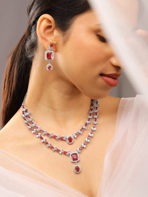 Rubans Rhodium-Plated Ruby Red & White Cubic Zirconia Studded Luxe Layered Necklace Set Necklace Set