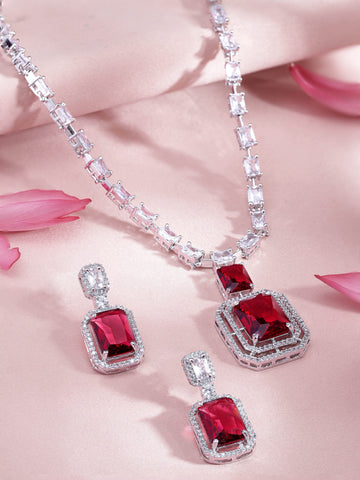 Rubans Rhodium-Plated Ruby Red & White Cubic Zirconia Studded Premium Statement Necklace Set Necklaces, Necklace Sets, Chains & Mangalsutra