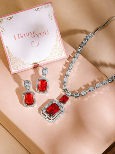 Rubans Rhodium-Plated Ruby Red & White Cubic Zirconia Studded Premium Statement Necklace Set Necklaces, Necklace Sets, Chains & Mangalsutra