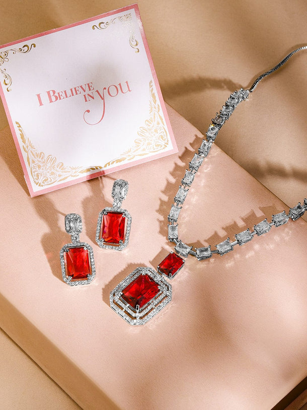 Rubans Rhodium-Plated Ruby Red & White Cubic Zirconia Studded Premium Statement Necklace Set Necklaces, Necklace Sets, Chains & Mangalsutra