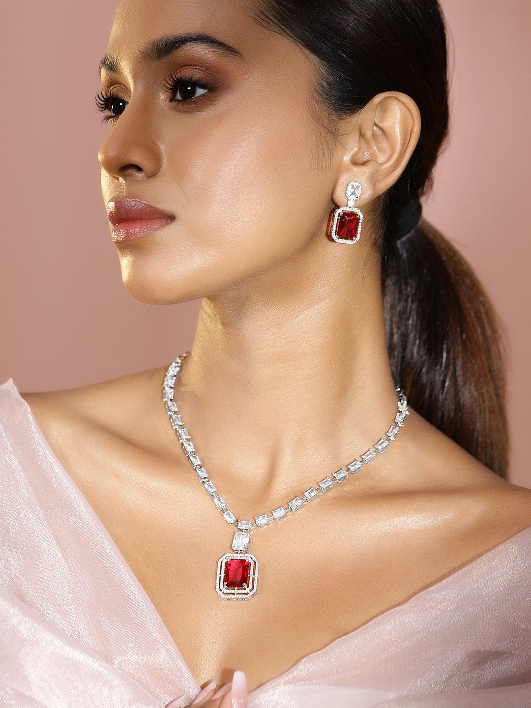 Rubans Rhodium-Plated Ruby Red & White Cubic Zirconia Studded Premium Statement Necklace Set Necklaces, Necklace Sets, Chains & Mangalsutra