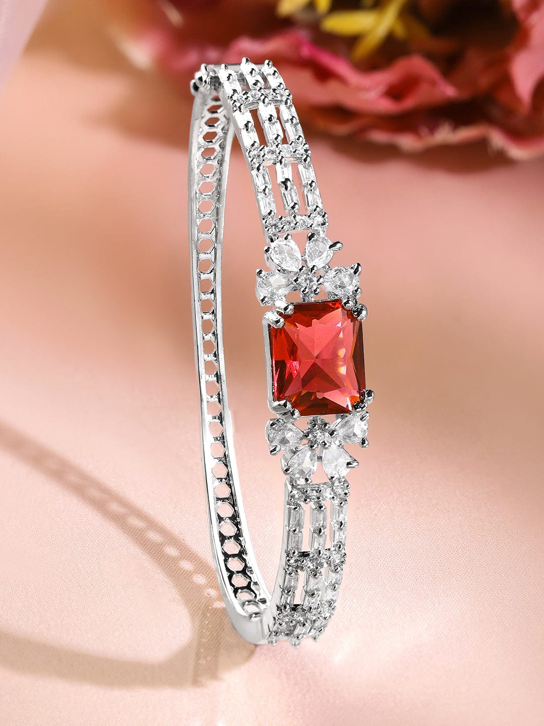 Rubans Rhodium-Plated Ruby Red & White Cubic Zirconia Studded Statement Bracelet Bangles & Bracelets