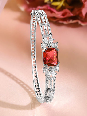 Rubans Rhodium-Plated Ruby Red & White Cubic Zirconia Studded Statement Bracelet Bangles & Bracelets
