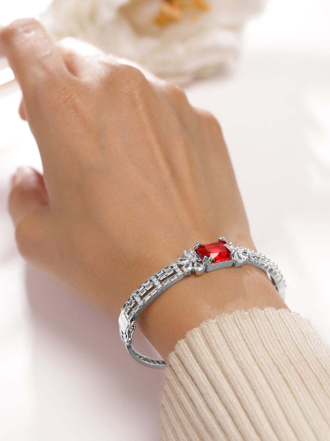 Rubans Rhodium-Plated Ruby Red & White Cubic Zirconia Studded Statement Bracelet Wristwear