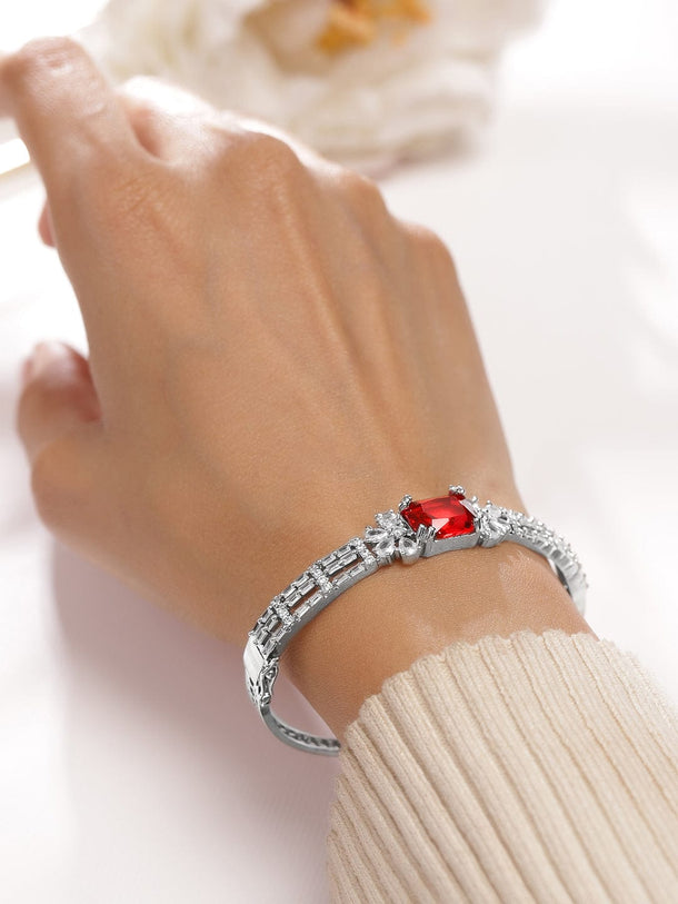 Rubans Rhodium-Plated Ruby Red & White Cubic Zirconia Studded Statement Bracelet Wristwear
