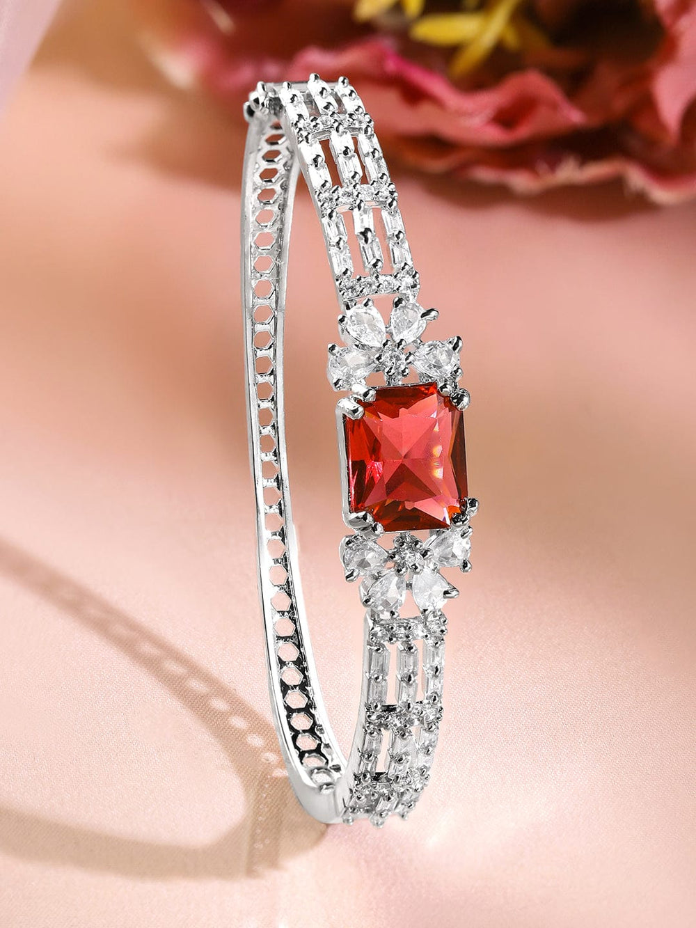 Rubans Rhodium-Plated Ruby Red & White Cubic Zirconia Studded Statement Bracelet Wristwear