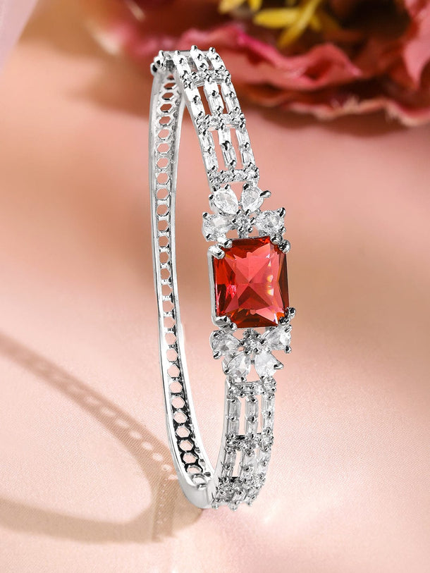 Rubans Rhodium-Plated Ruby Red & White Cubic Zirconia Studded Statement Bracelet Wristwear