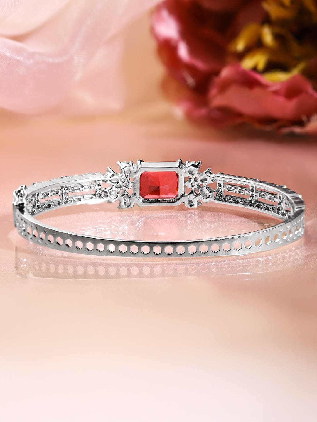 Rubans Rhodium-Plated Ruby Red & White Cubic Zirconia Studded Statement Bracelet Wristwear