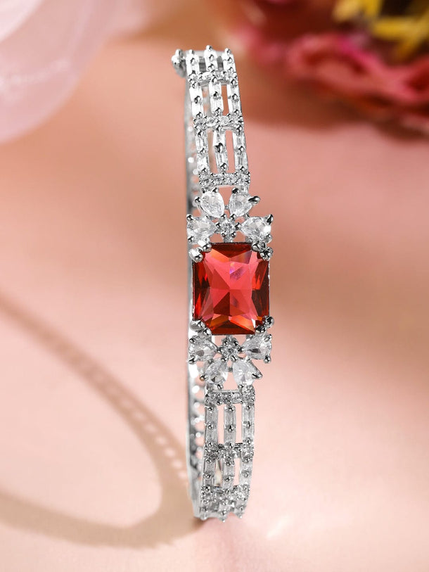 Rubans Rhodium-Plated Ruby Red & White Cubic Zirconia Studded Statement Bracelet Wristwear