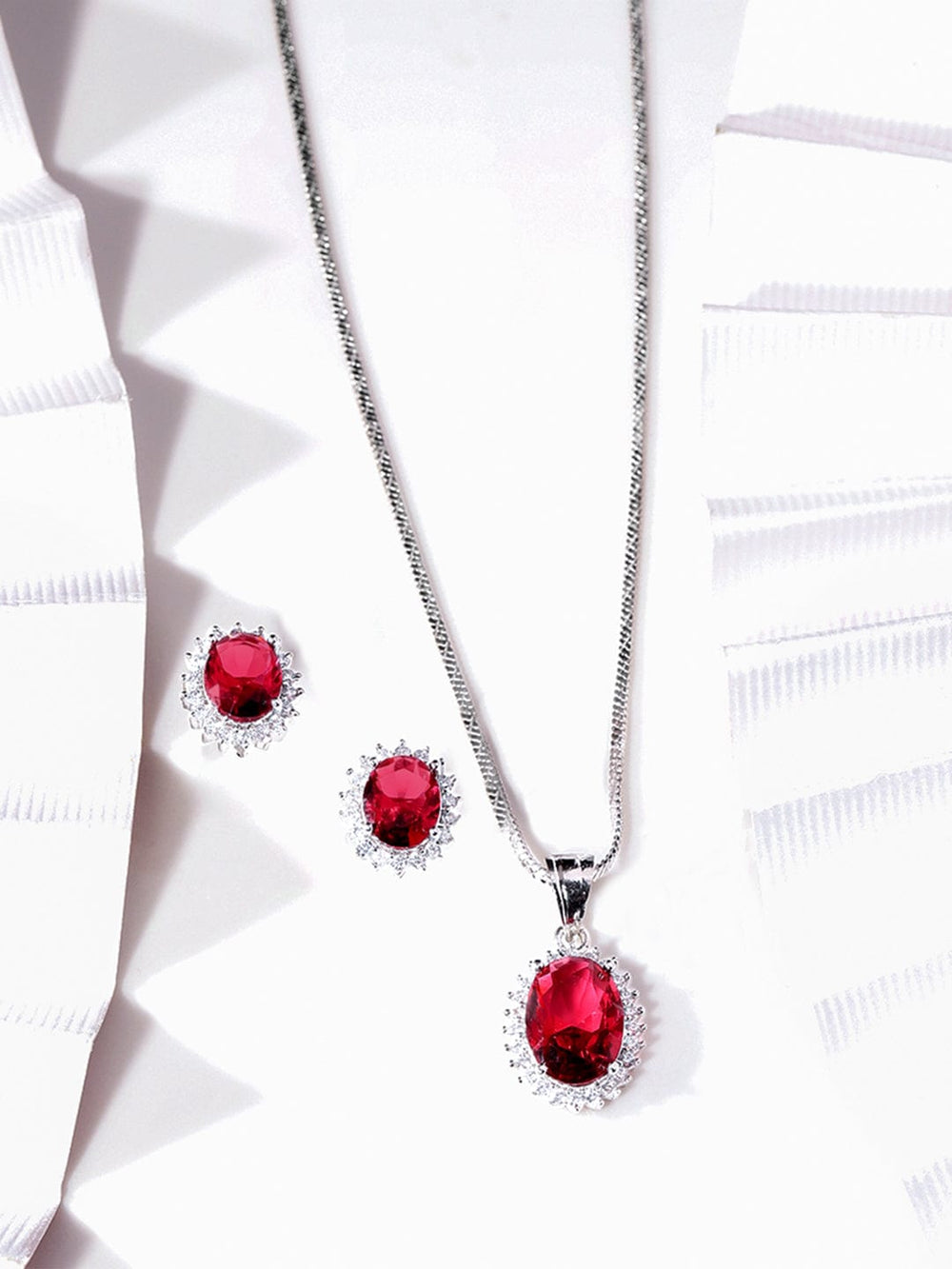 Rubans Rhodium plated Ruby Red zirconia Studded Oval Pendant Set Jewellery Sets