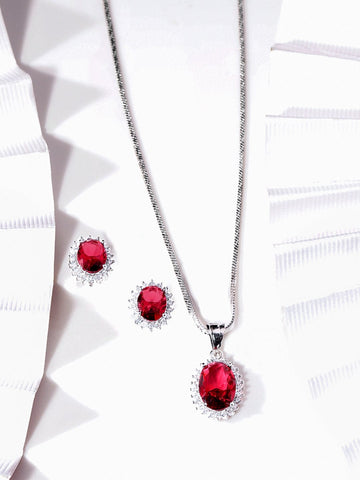 Rubans Rhodium plated Ruby Red zirconia Studded Oval Pendant Set Jewellery Sets