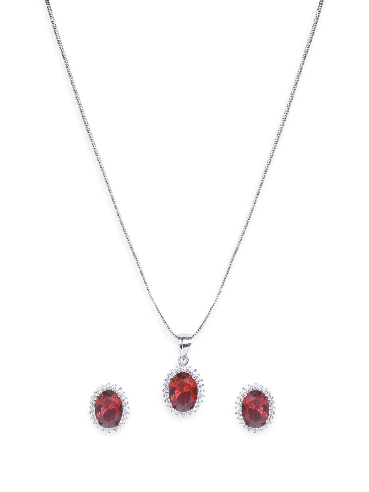 Rubans Rhodium plated Ruby Red zirconia Studded Oval Pendant Set Jewellery Sets
