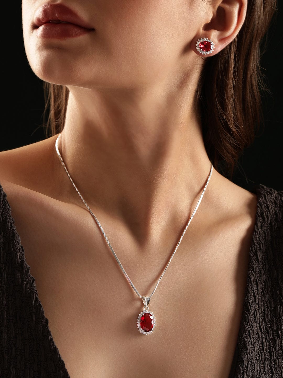 Rubans Rhodium plated Ruby Red zirconia Studded Oval Pendant Set Jewellery Sets