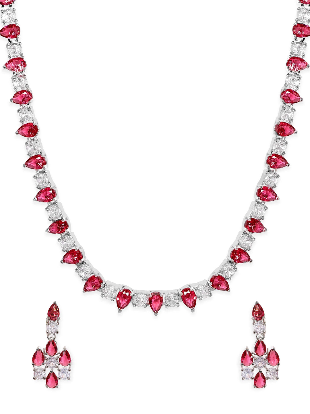 Rubans Rhodium-plated Ruby Red Zirconia studded sleek Necklace Set Jewellery Sets
