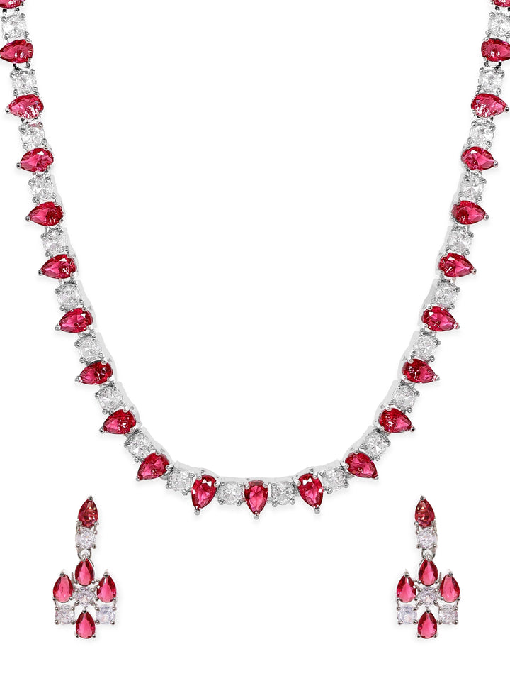 Rubans Rhodium-plated Ruby Red Zirconia studded sleek Necklace Set Jewellery Sets