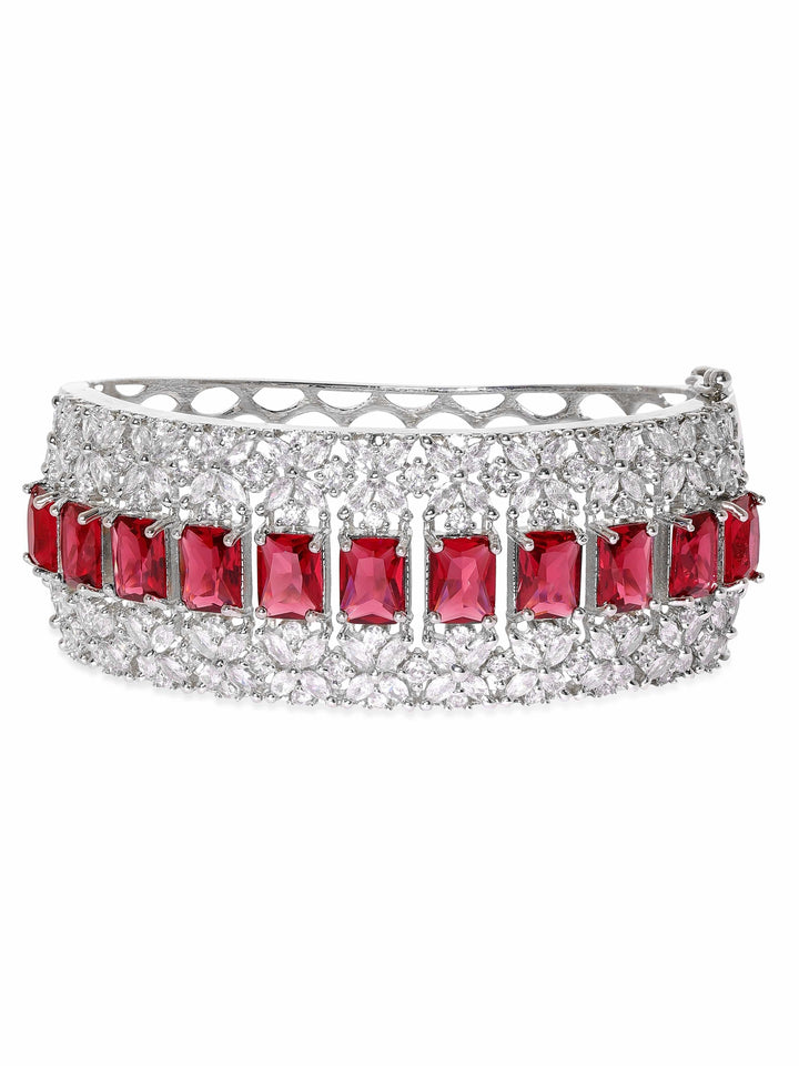 Rubans Rhodium Plated Ruby Red Zirconia Studded Statement Bracelet Bangles & Bracelets