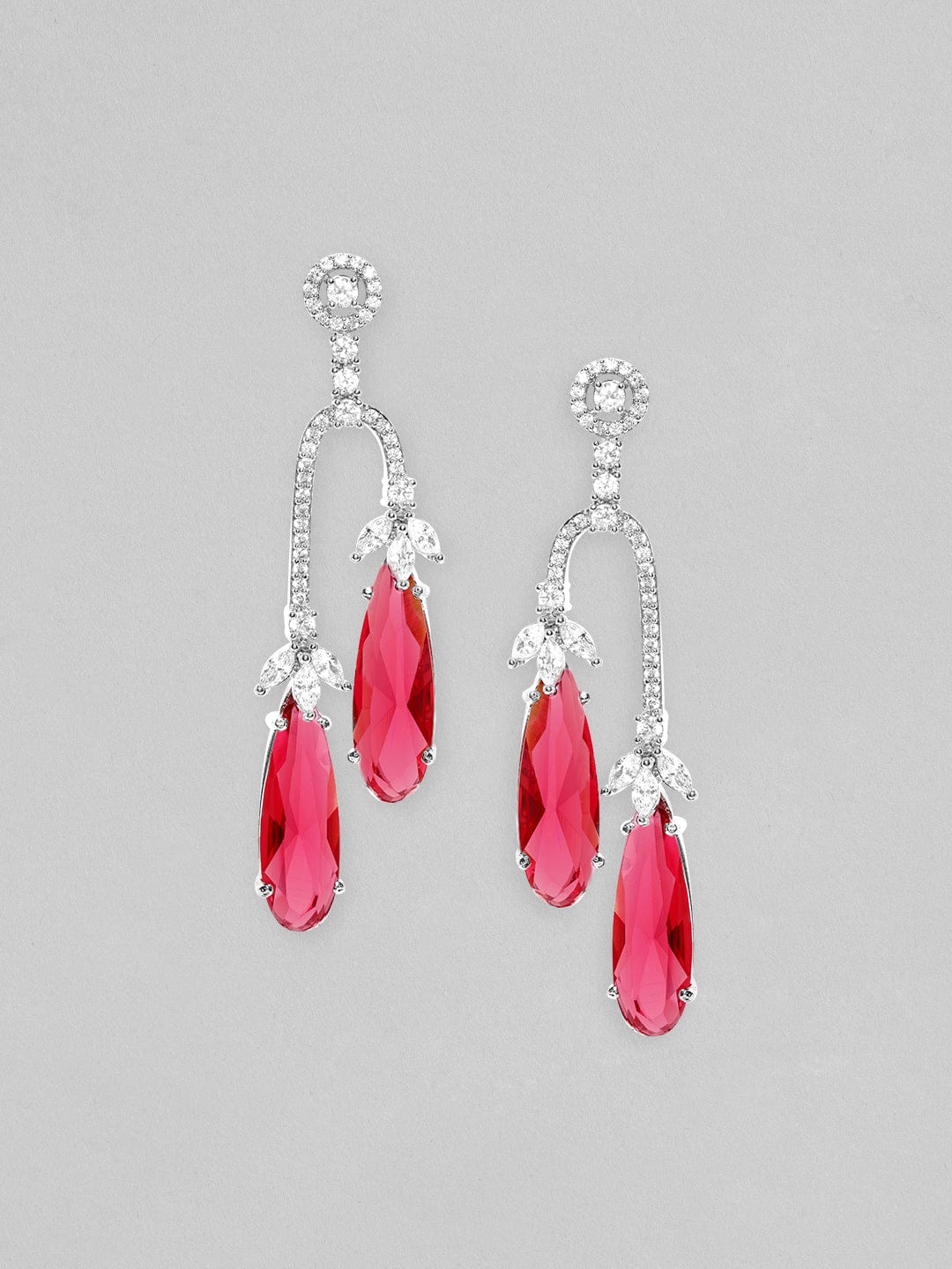 Rubans Rhodium Plated Ruby Red Zirconia Teardrop Dangle Earrings Earrings