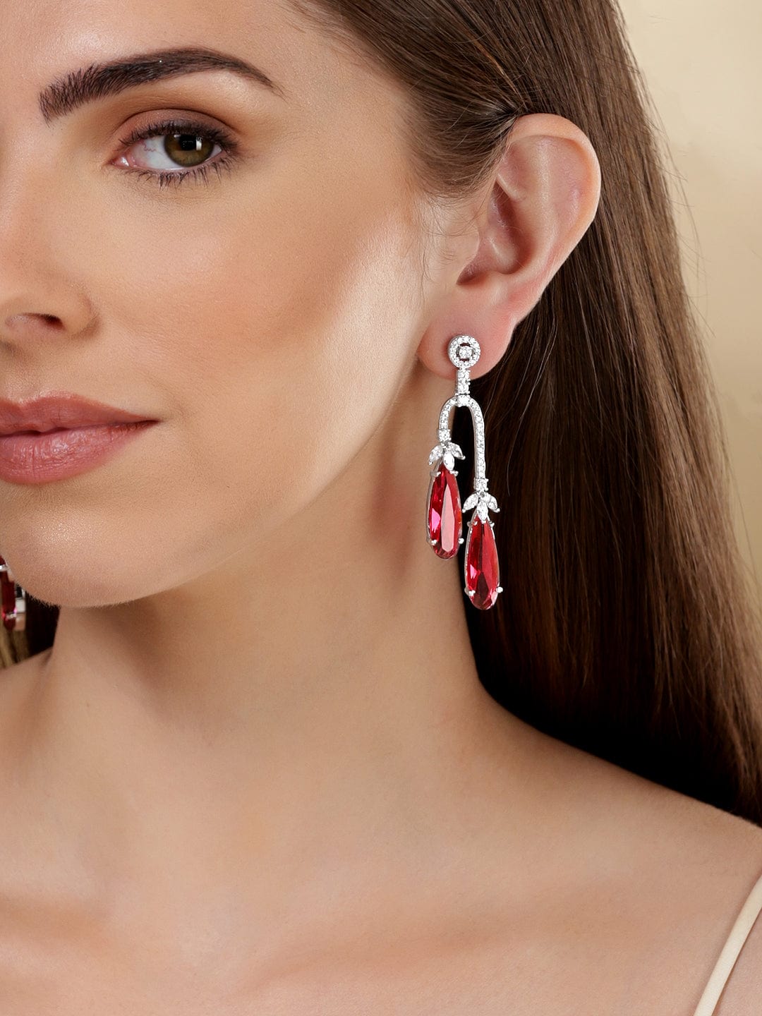 Rubans Rhodium Plated Ruby Red Zirconia Teardrop Dangle Earrings Earrings