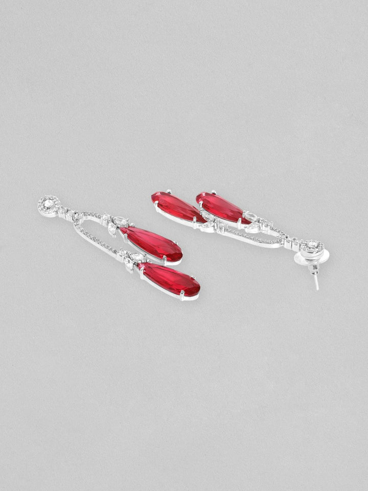 Rubans Rhodium Plated Ruby Red Zirconia Teardrop Dangle Earrings Earrings