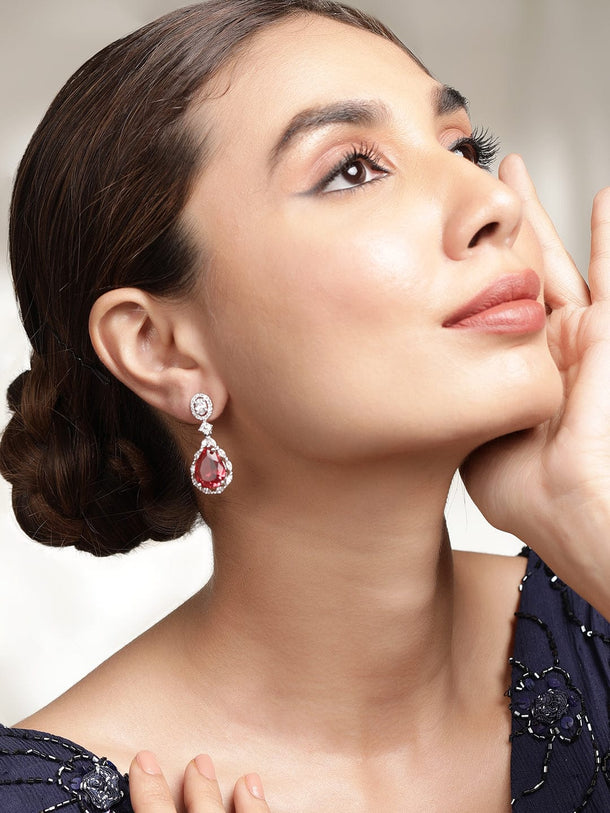 Rubans Rhodium Plated Ruby Studded Zirconia Embellished Teardrop Earrings Earrings
