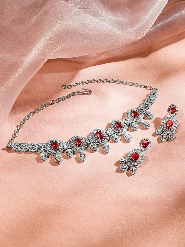 Rubans Rhodium-Plated Ruby & White Cubic Zirconia Studded Luxe Choker Jewelry Set Jewellery Set