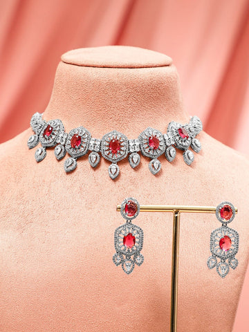 Rubans Rhodium-Plated Ruby & White Cubic Zirconia Studded Luxe Choker Jewelry Set Jewellery Set