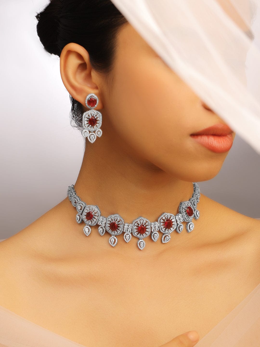 Rubans Rhodium-Plated Ruby & White Cubic Zirconia Studded Luxe Choker Jewelry Set Jewellery Set
