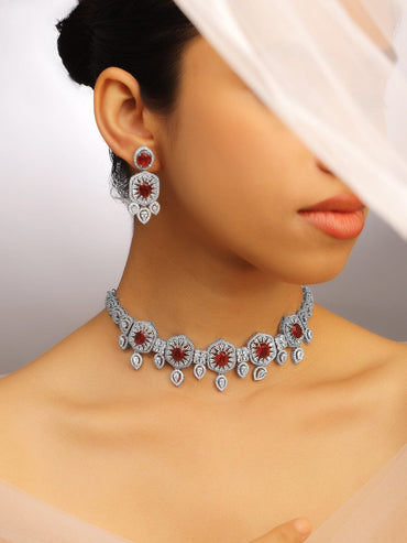Rubans Rhodium-Plated Ruby & White Cubic Zirconia Studded Luxe Choker Jewelry Set Jewellery Set