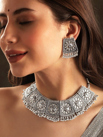 Rubans Rhodium plated Ruby Zirconia Studded Pendant Statement Luxury Necklace Set Jewellery Sets