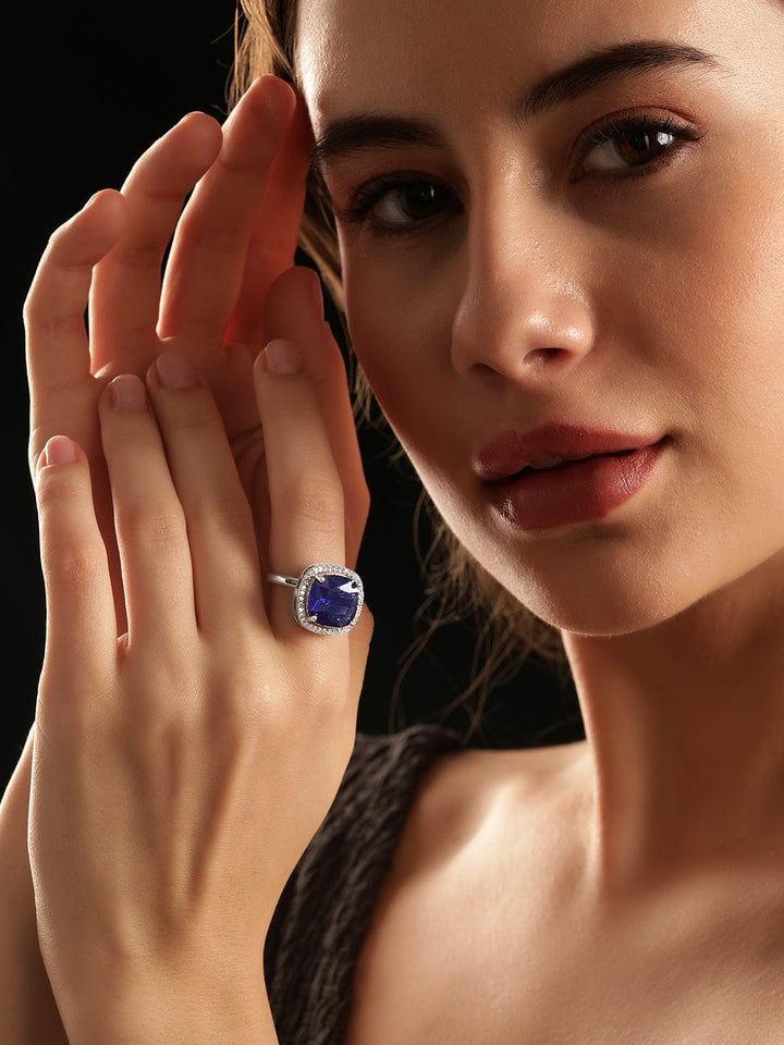 Rubans Rhodium plated Sapphire Blue Cushion Cut zirconia studded Classy ring Rings