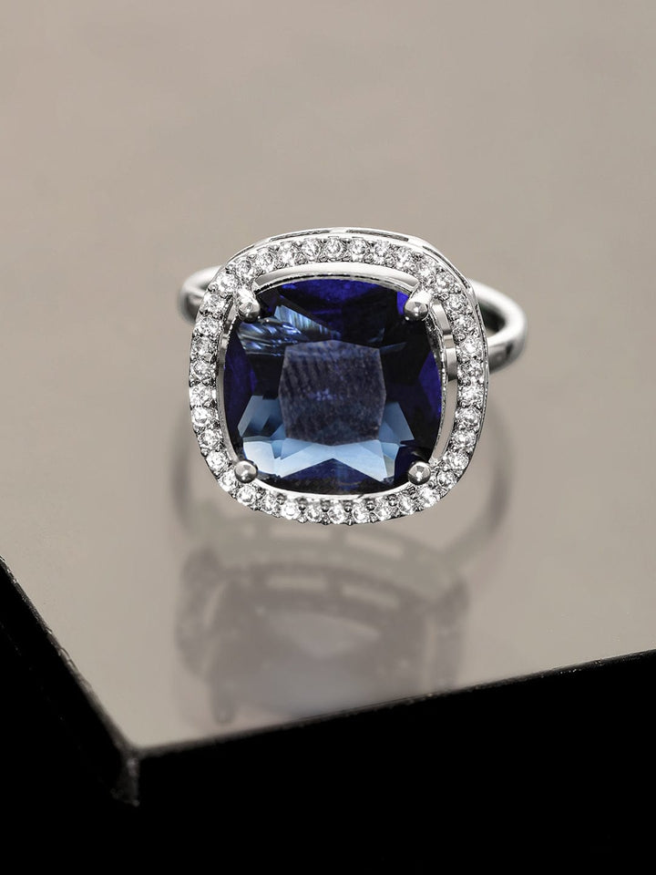 Rubans Rhodium plated Sapphire Blue Cushion Cut zirconia studded Classy ring Rings