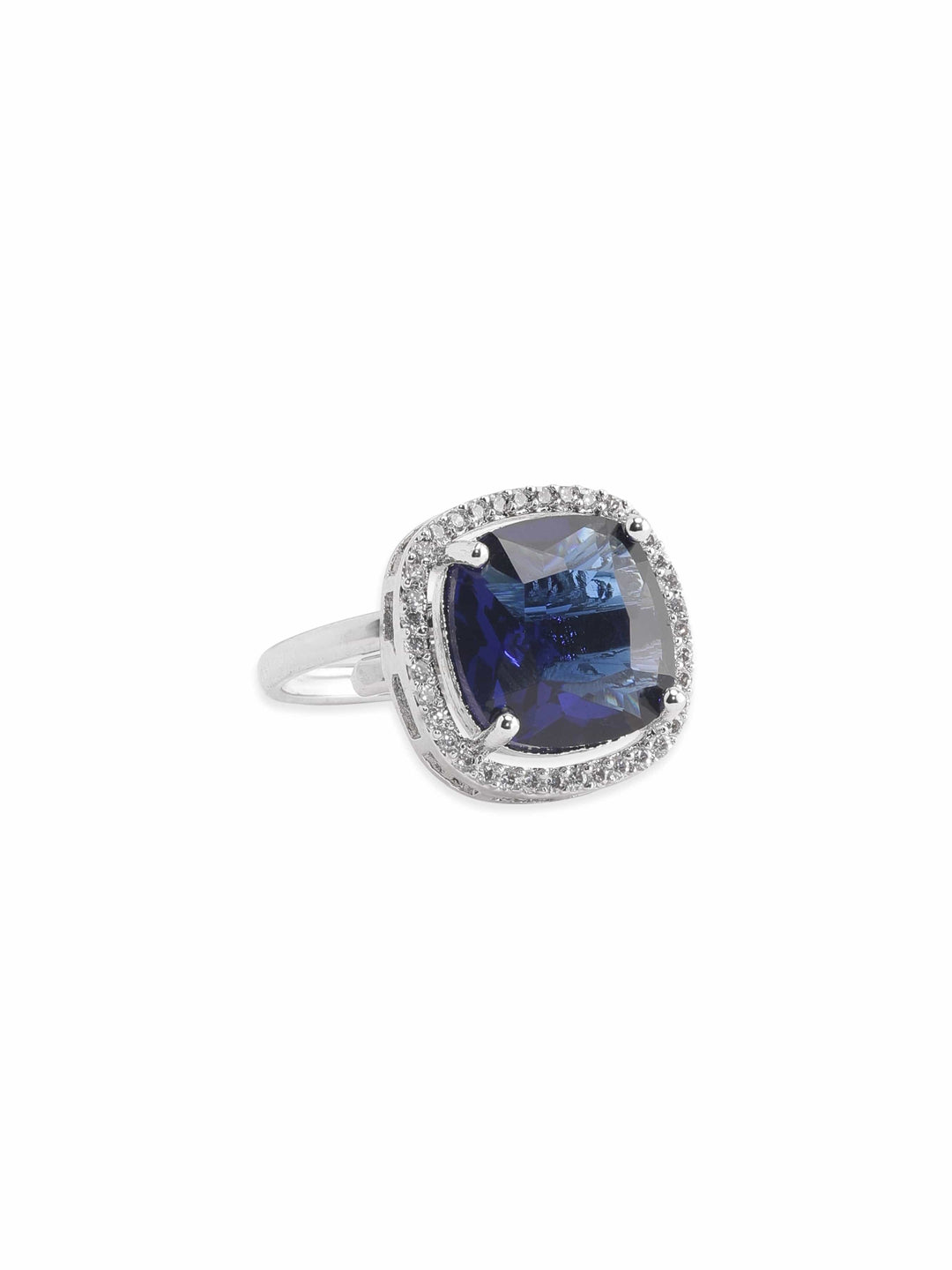 Rubans Rhodium plated Sapphire Blue Cushion Cut zirconia studded Classy ring Rings