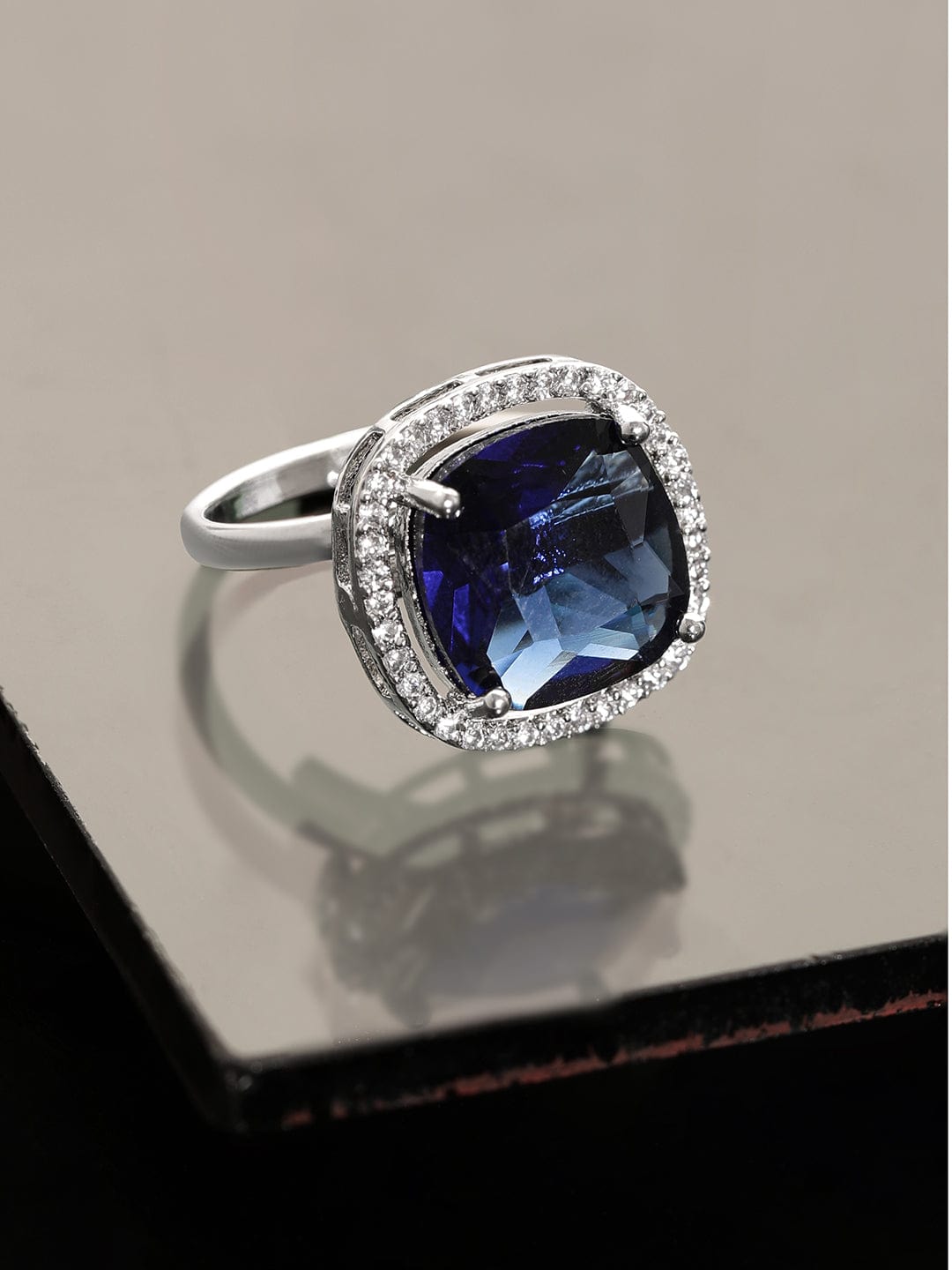 Rubans Rhodium plated Sapphire Blue Cushion Cut zirconia studded Classy ring Rings