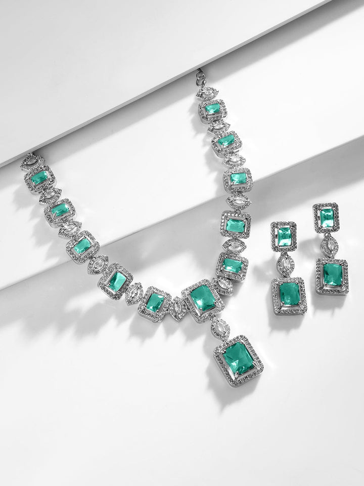 Rubans Rhodium Plated Sapphire & Cubic Zicronia Studded Premium Jewellery Set Jewellery Set