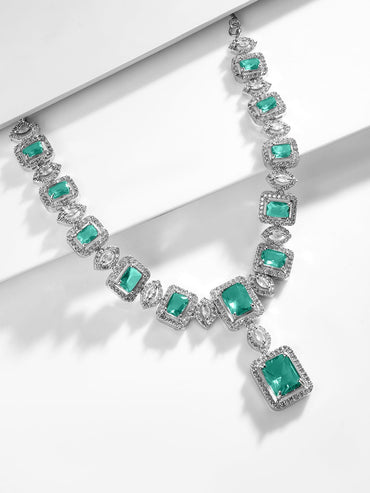 Rubans Rhodium Plated Sapphire & Cubic Zicronia Studded Premium Jewellery Set Jewellery Set