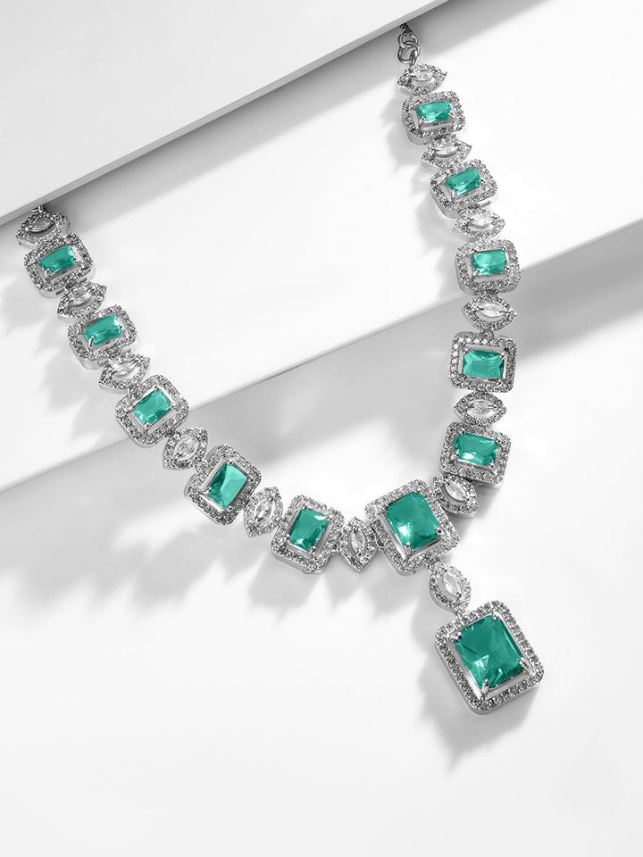 Rubans Rhodium Plated Sapphire & Cubic Zicronia Studded Premium Jewellery Set Jewellery Set