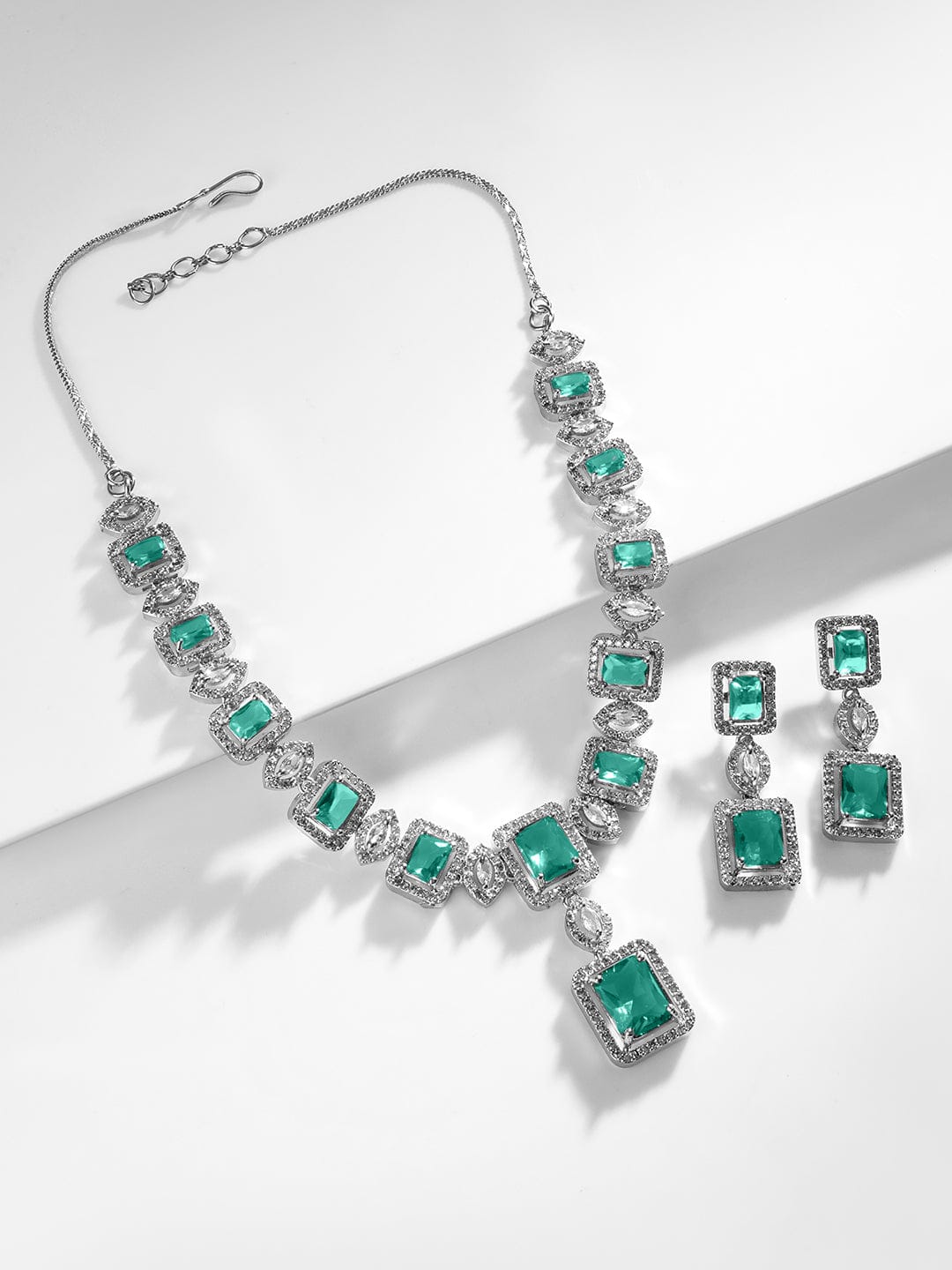 Rubans Rhodium Plated Sapphire & Cubic Zicronia Studded Premium Jewellery Set Jewellery Set