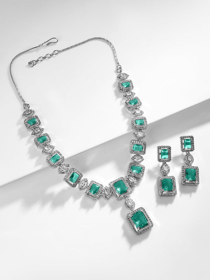 Rubans Rhodium Plated Sapphire & Cubic Zicronia Studded Premium Jewellery Set Jewellery Set