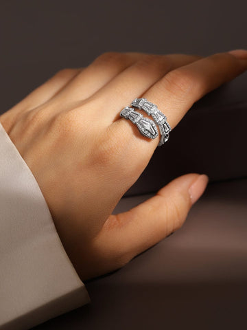 Rubans Rhodium-Plated Serpent-Inspired Cubic Zirconia Studded Adjustable Ring Finger Rings