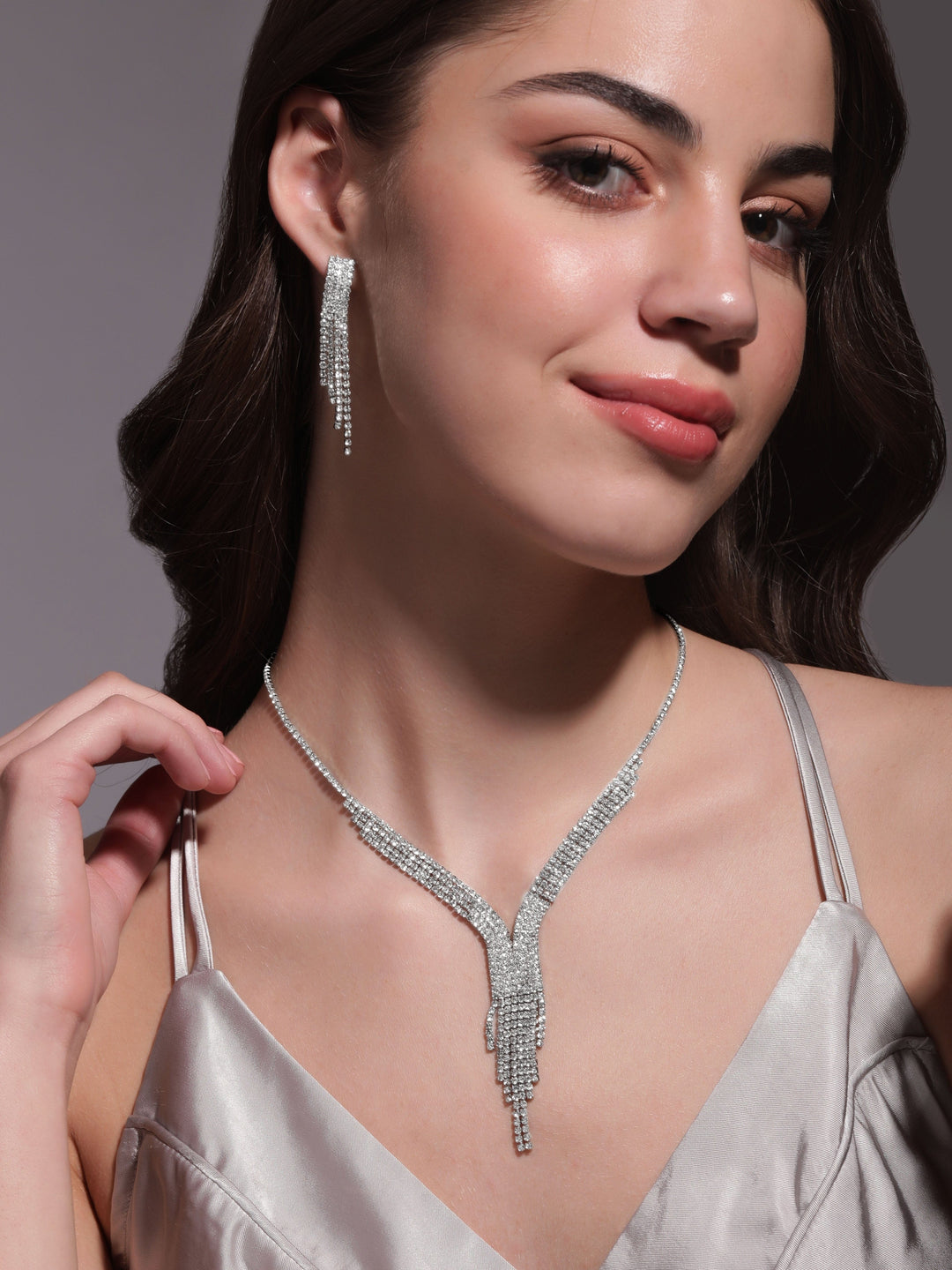 Rubans Rhodium plated Silver Crystal Studded Necklace Set Jewellery Sets