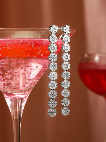Rubans Rhodium Plated Silver Toned Cubic Zirconia Studded Contemporary Long Drop Earrings Drop Earrings