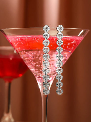 Rubans Rhodium Plated Silver Toned Cubic Zirconia Studded Contemporary Long Drop Earrings Drop Earrings